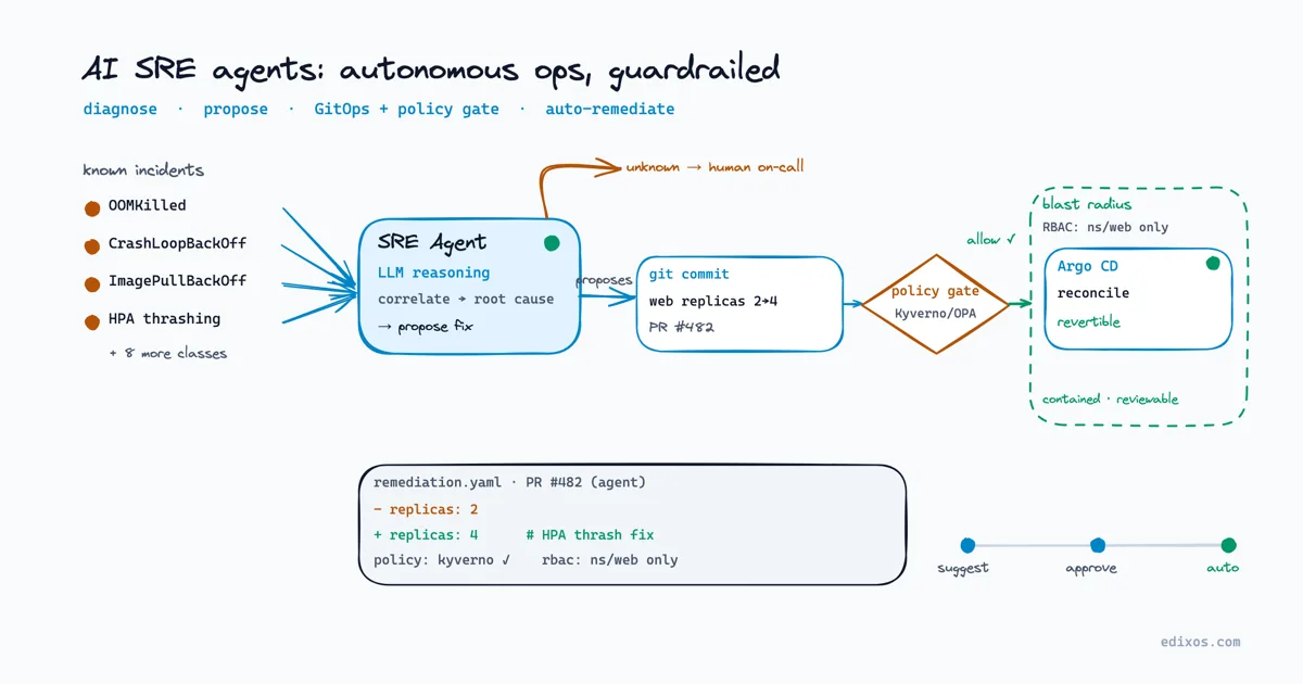Un agent IA pour le SRE trie les incidents Kubernetes connus, propose un correctif sous forme de commit GitOps, franchit une porte de politique Kyverno/OPA, et Argo CD le réconcilie dans un rayon d'impact au moindre privilège, les cas inconnus étant escaladés vers une astreinte humaine